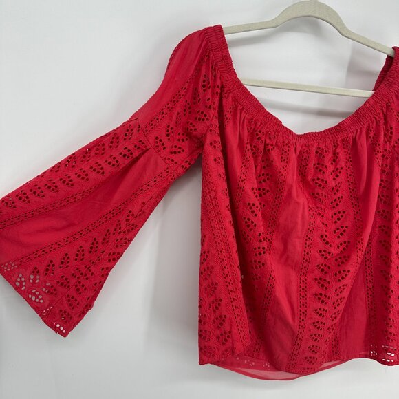 Express Off Shoulder Eyelet Blouse Top L Womens Flare Bell Long Sleeves Red NEW - Picture 5 of 9